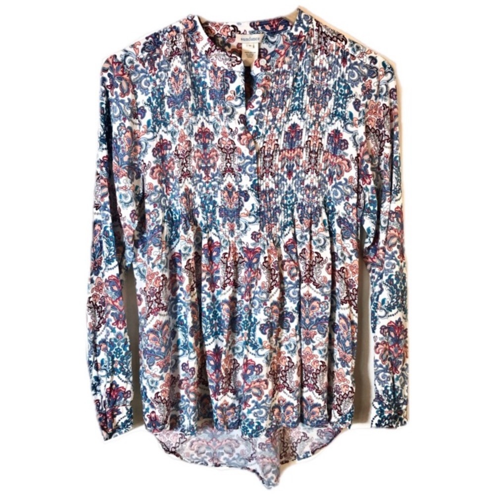 Sundance Paisley Pleated Half Button Peasant Long Sleeve Blouse